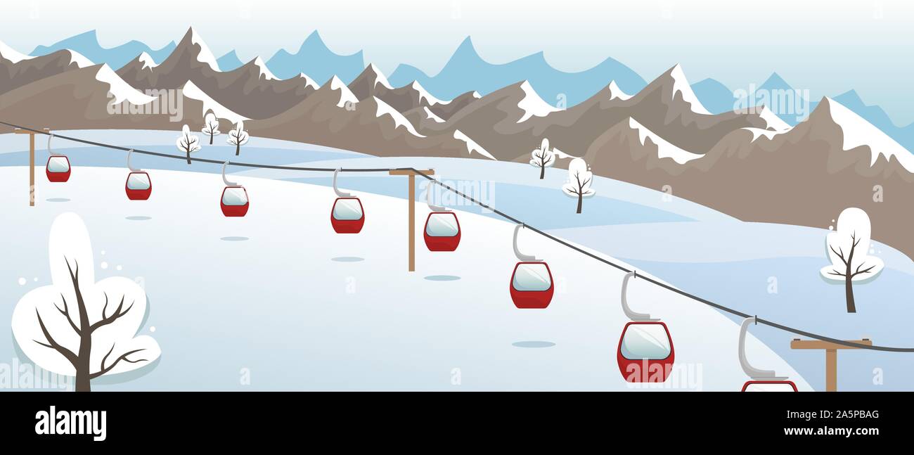 Winter mountain landscape with ski lifts on the slope. Ski resort. Flat ...