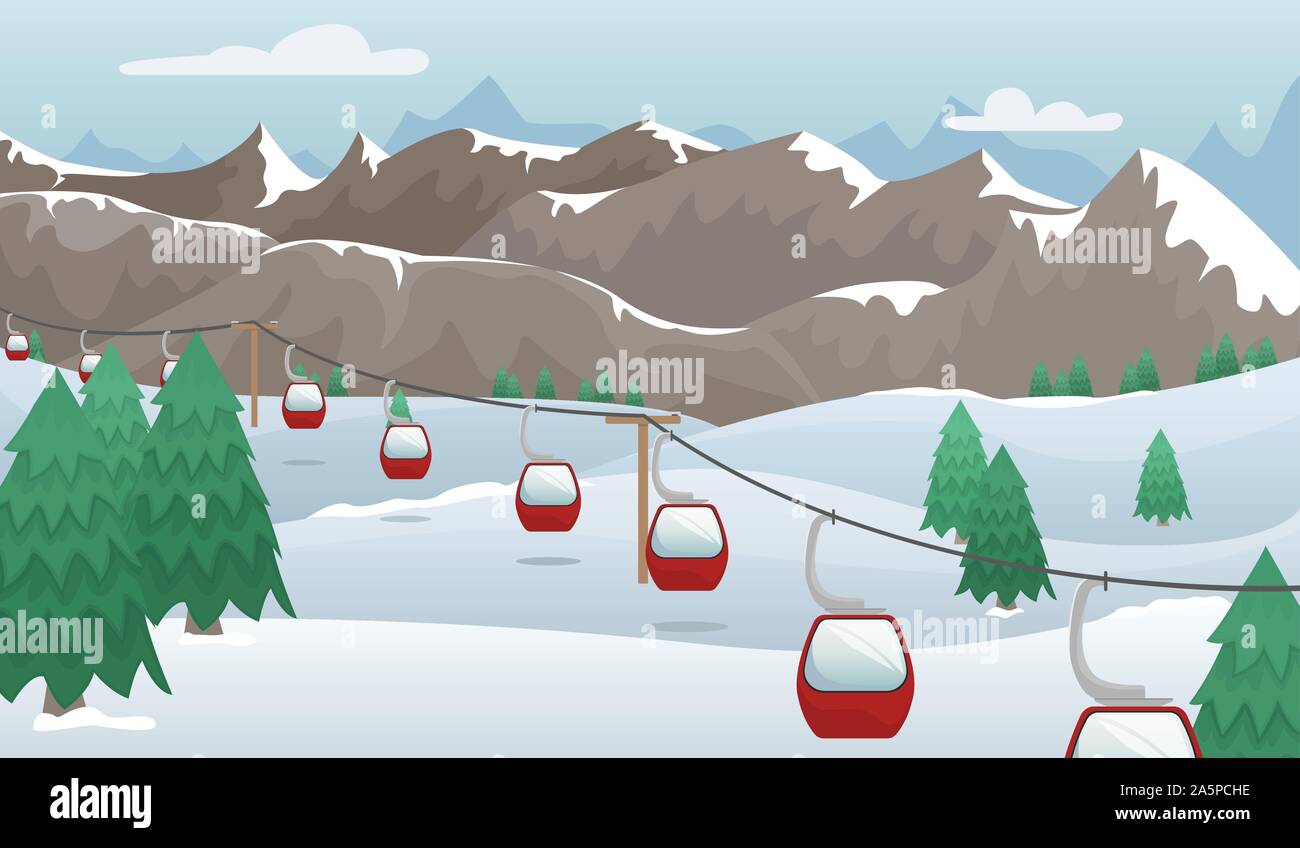 Winter mountain landscape with ski lifts on the slope. Ski resort. Flat ...