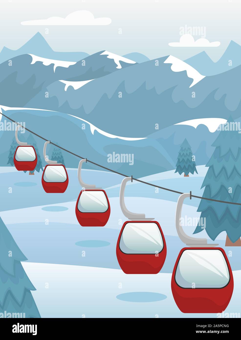 Winter mountain landscape with ski lifts on the slope. Ski resort. Flat ...