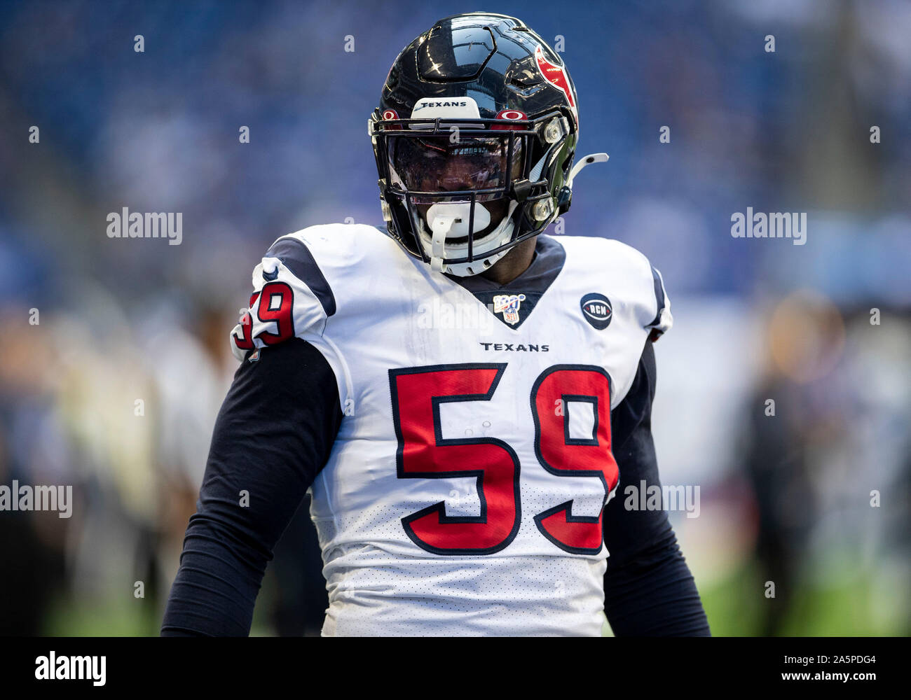 Indianapolis, Indiana, USA. 20th Oct, 2019. Houston Texans linebacker Whitney Mercilus (59) during NFL football game action between the Houston Texans and the Indianapolis Colts at Lucas Oil Stadium in Indianapolis, Indiana. Indianapolis defeated Houston 30-23. John Mersits/CSM/Alamy Live News Stock Photo
