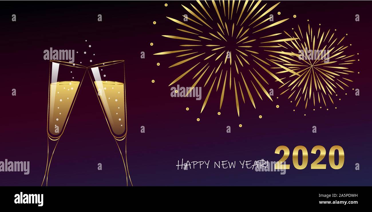 happy new year celebration fireworks and champagne 2020 vector illustration EPS10 Stock Vector