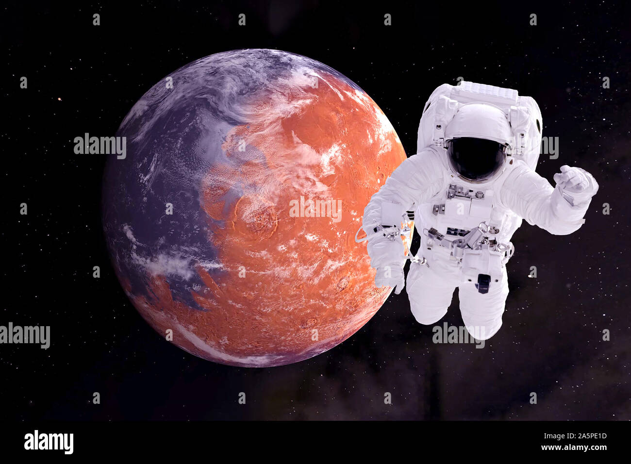 Astronaut in orbit of the red planet. Elements of this image were furnished by NASA. Stock Photo