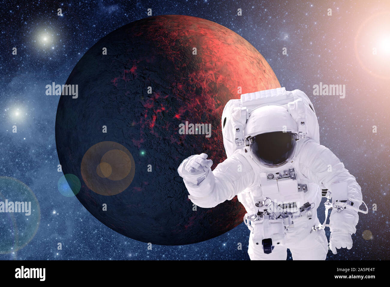 Astronaut in orbit of the red planet. Elements of this image were furnished by NASA. Stock Photo