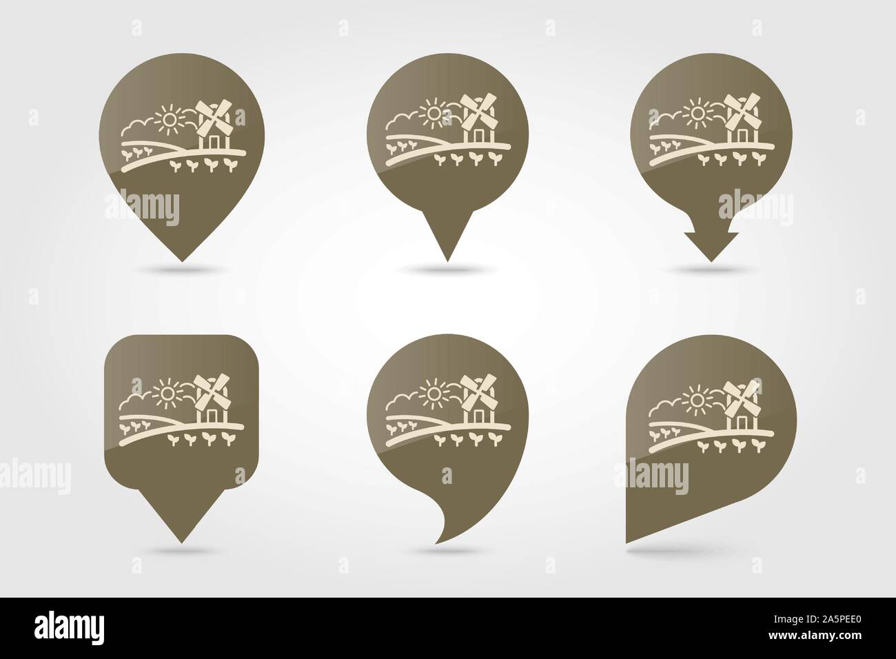 Rural landscape with windmill flat vector pin map icon. Map pointer ...