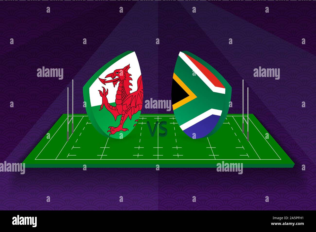 Rugby team Wales vs South Africa on rugby field. Sport vector template. Stock Vector