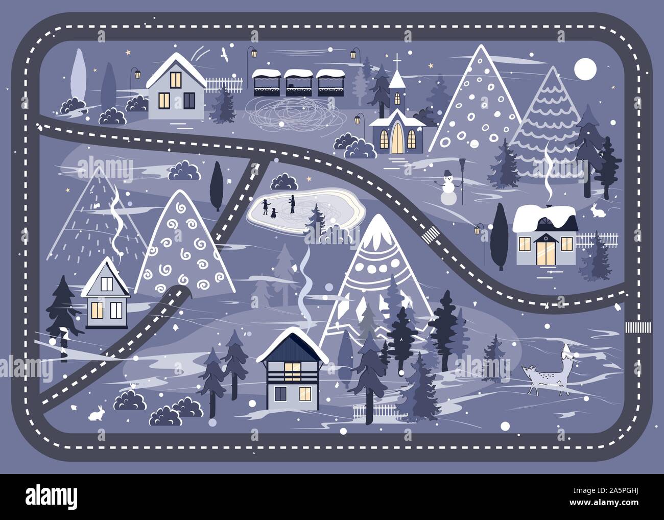 Winter vector road background with night landscape with village and church in the woods. Beautiful Christmas Nature with City in the Mountains. Stock Vector