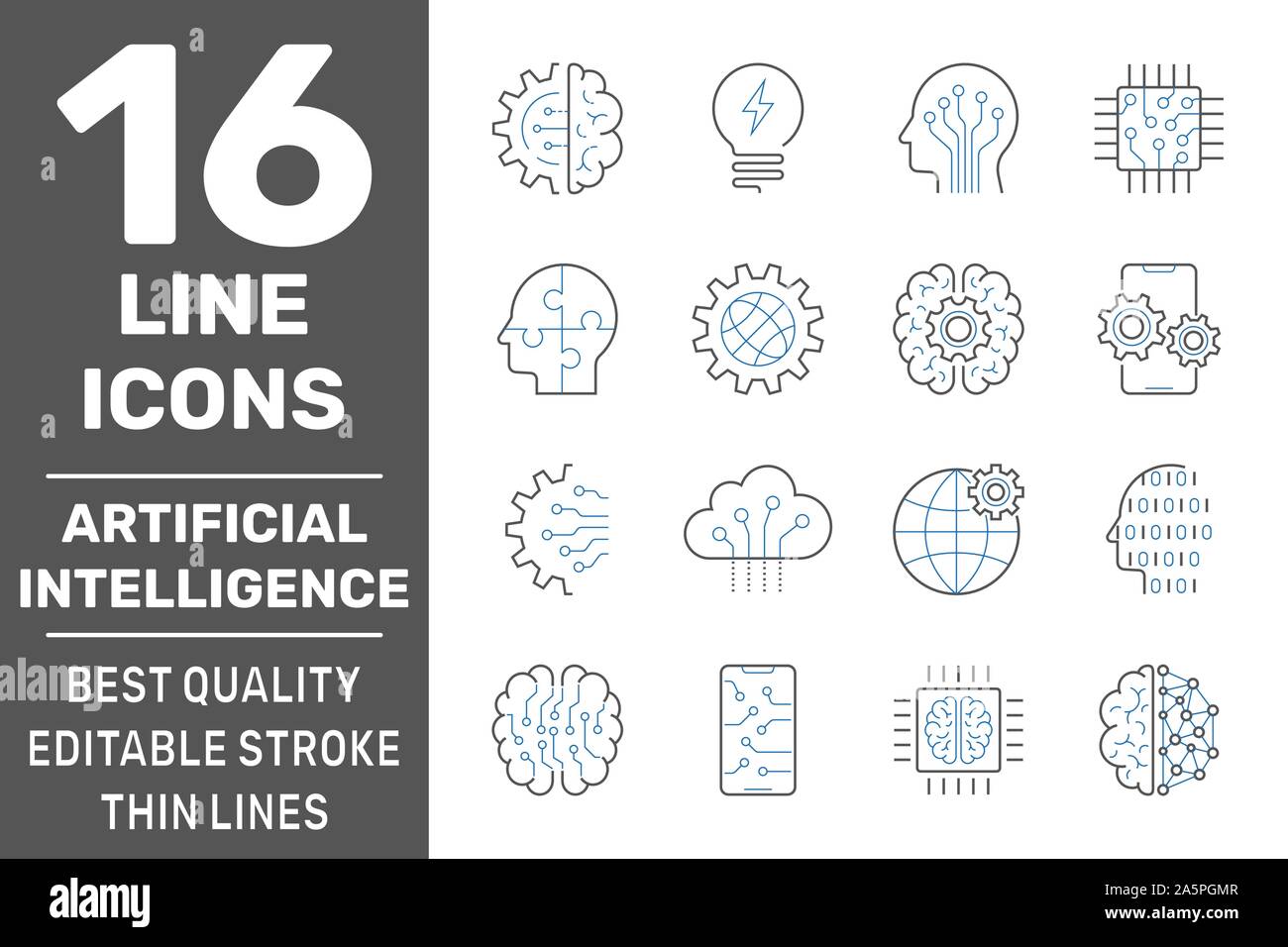 Set of Artificial Intelligence AI related Vector Line Icons. Editable Stroke. EPS 10 Stock Vector