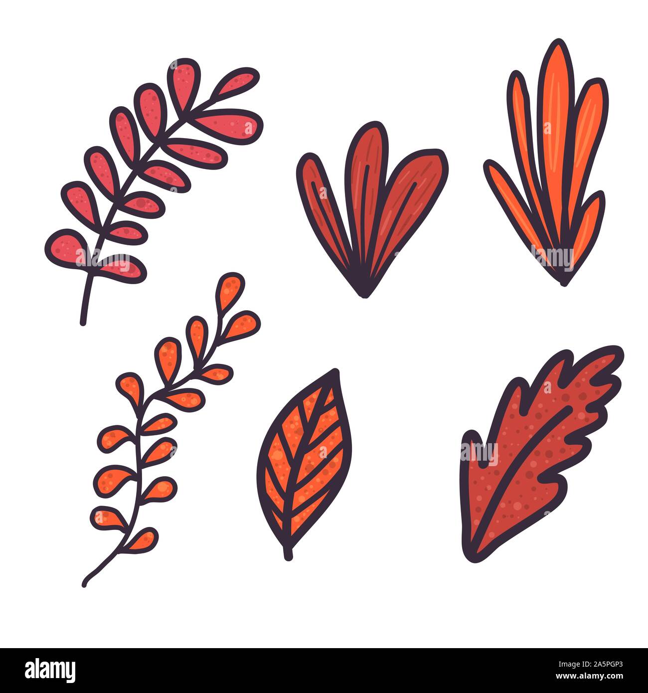 Doodle hand drawn set with orange leaf and branches on white background. Bright fall leaves. Vector design illustration. Stock Vector