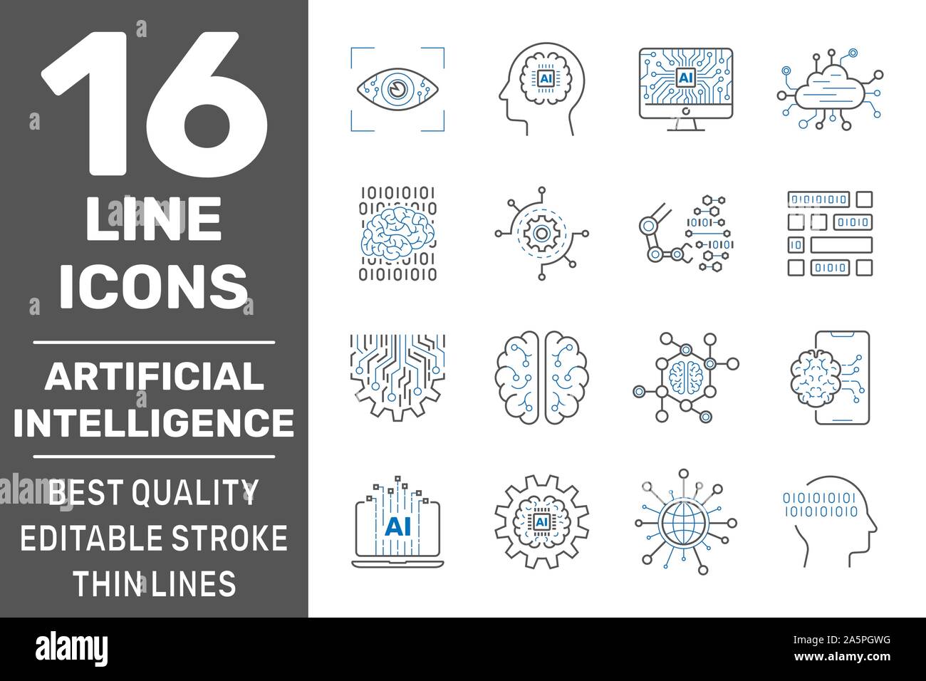 Vector set of 16 thin icons related to artificial intelligence and data science. Line pictograms and infographics design elements. Editable Stroke Stock Vector