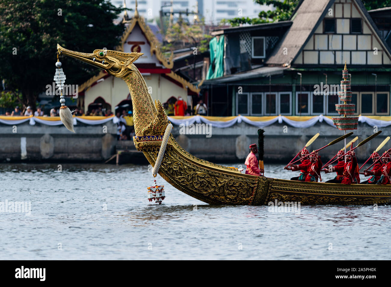 Bangkok, Thailand - October 21, 2019: Thai royal barges participate in a procession on Bangkok's Chao Phraya River. Stock Photo