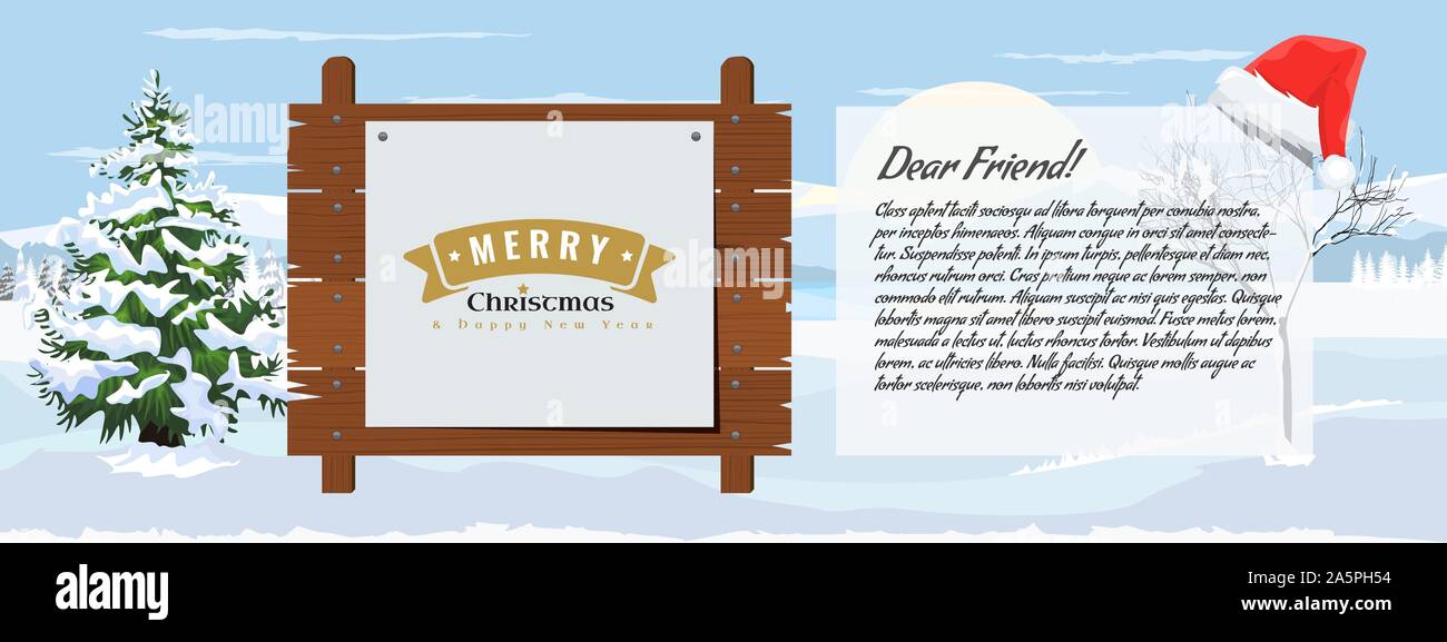 Wooden christmas message board and winter landscape. Fir tree with snow on it. Vector illustration. Stock Vector