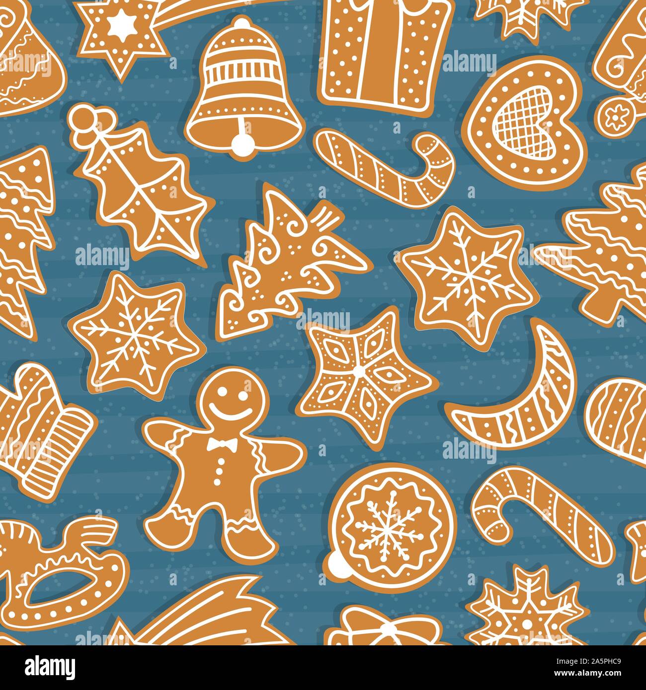 Gingerbread men and Christmas tree, star, bell, house, cane, heart, ball, crescent, present, mistletoe. Vector Christmas seamless pattern with gingerb Stock Vector