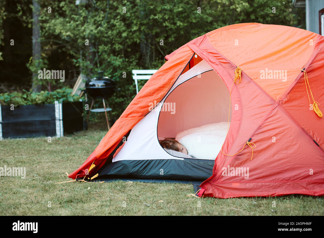 Boy sleeping in tent in backyard Stock Photo Alamy