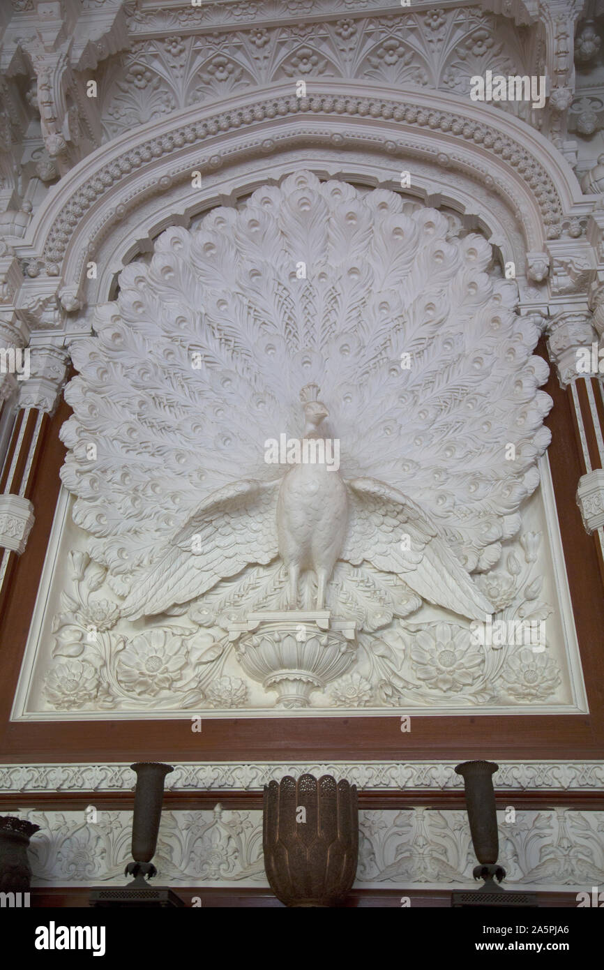 Peacock chimneypiece and overmantel, the Durbar Room decorated by Bhai Ram Singh for Queen Victoria at Osborne House, Cowes, UK Stock Photo