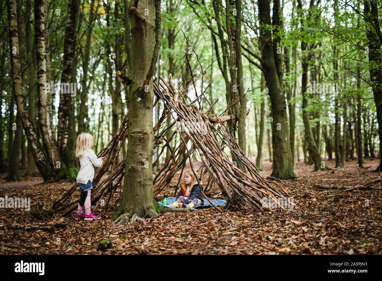 Girls in forest shelter Stock Photo