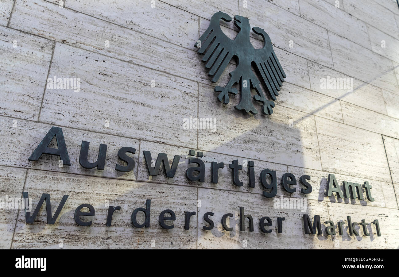 Berlin, Germany. 18th Oct, 2019. The German coat of arms and the lettering 'Auswärtiges Amt/Werderscher Markt 1' are attached to an outer wall at the entrance to the Foreign Office. Credit: Monika Skolimowska/dpa-Zentralbild/dpa/Alamy Live News Stock Photo