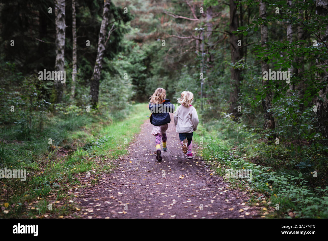 Girls running in forest Stock Photo