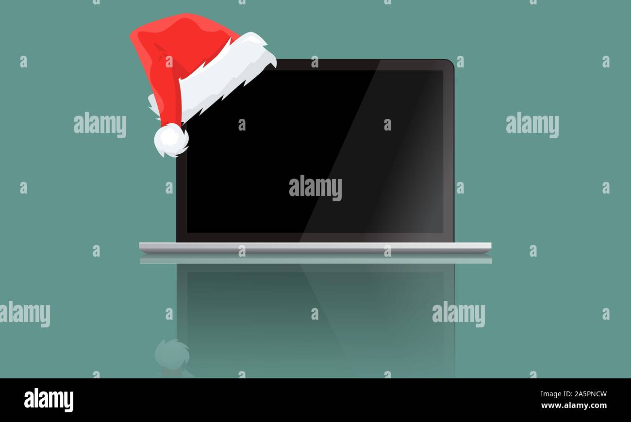 Realistic large laptop with santa claus cap or hat for new year. Vector illustration. Stock Vector