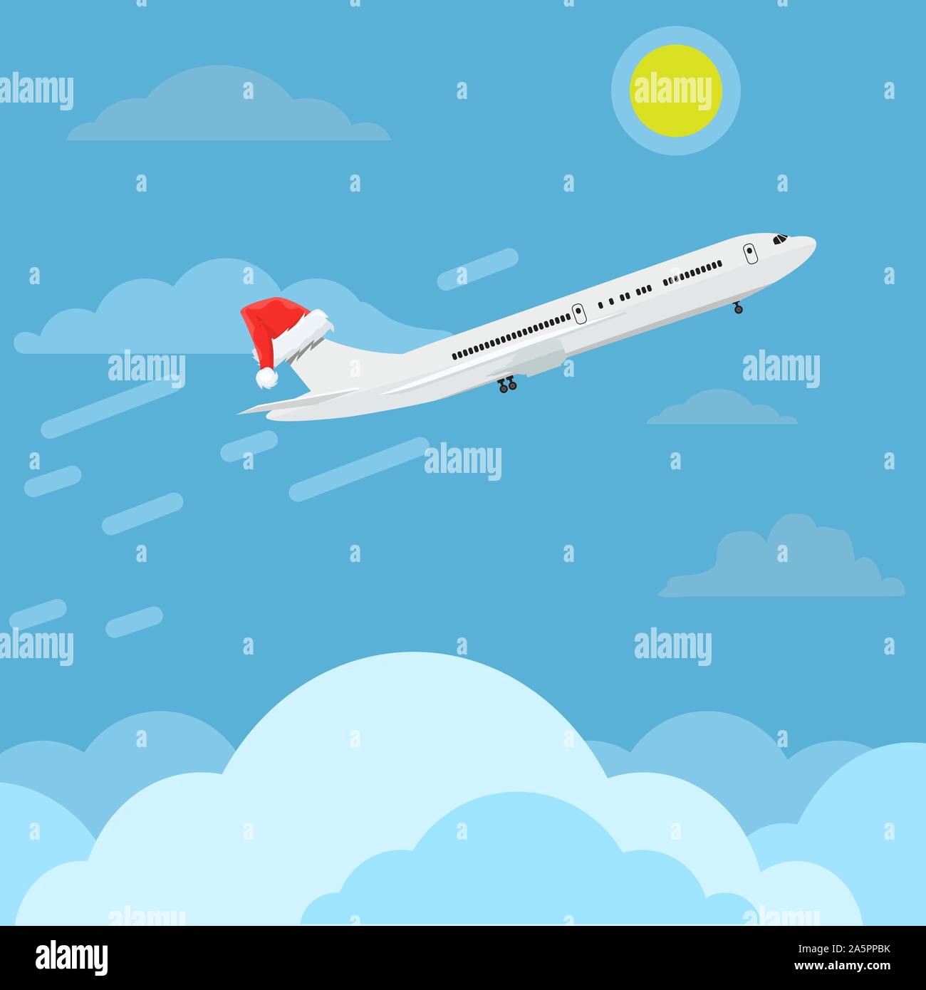 Airplane with santa claus cap or hat flying in sky. Travel and christmas concept ads design. Vector illustration. Stock Vector