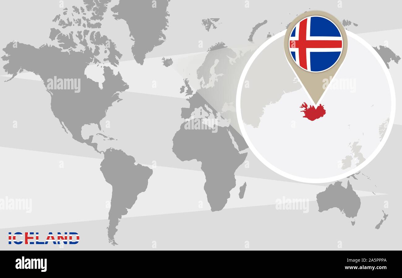 World map with magnified Iceland. Iceland flag and map. Stock Vector