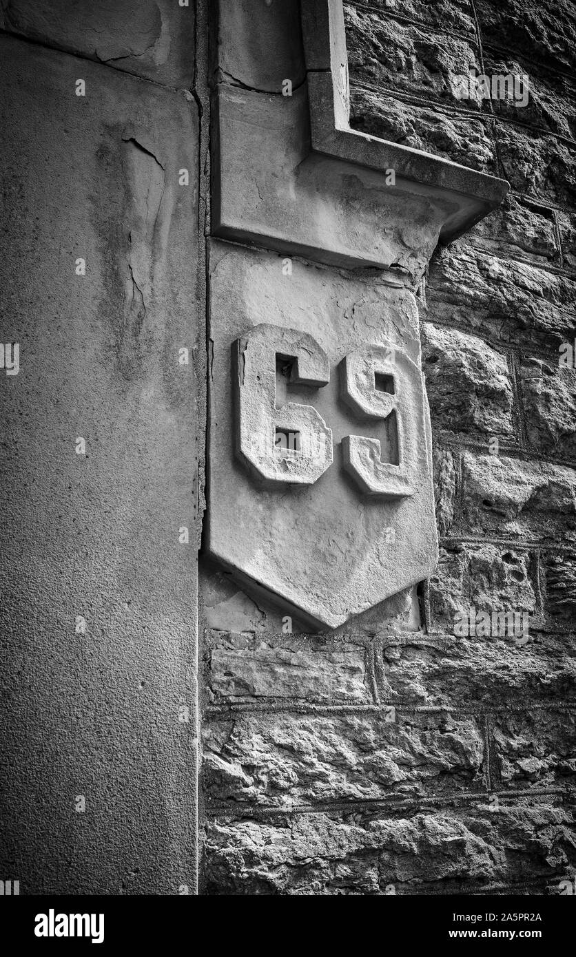 Black and White Architectural Detail of Numbers. Stock Photo