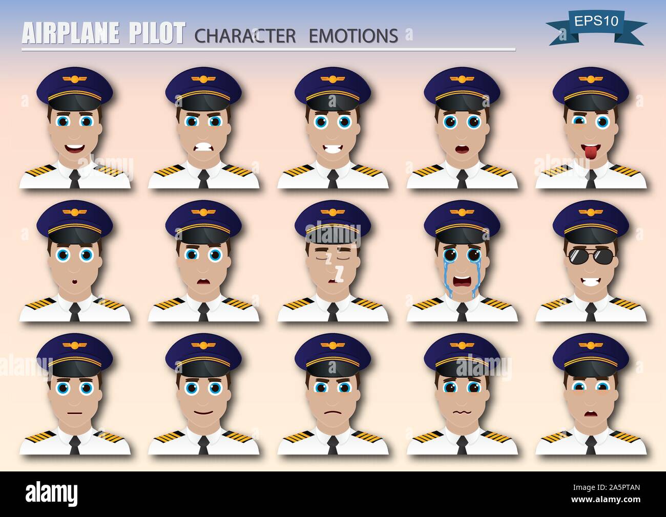 Set of airplane pilot emoticons. Various emotions of the character. Set of avatar icons. Vector illustration. Stock Vector