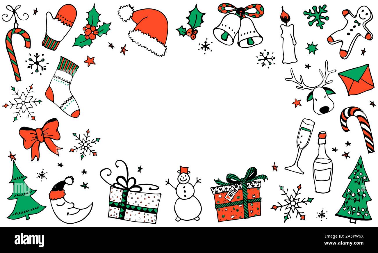 Christmas cartoon background with place for your text. Hand drawn x-mas  symbols. Clip art for winter design. New Year doodle icons. Vector  illustration Stock Vector Image & Art - Alamy