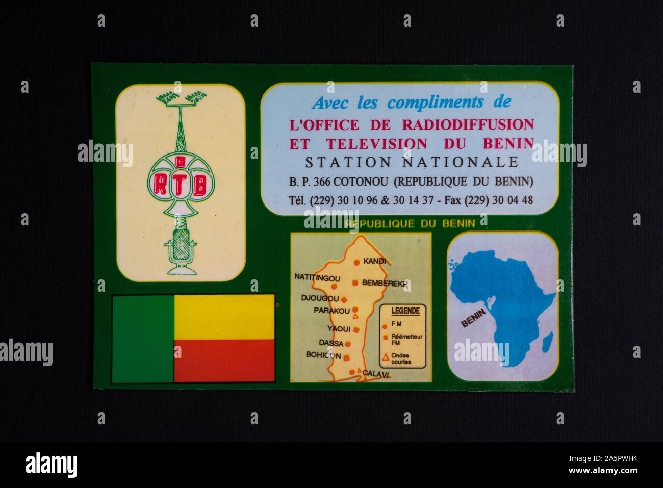 an illustred QSL verification  card of   Radio Nationale du Benin from Cotonou Stock Photo