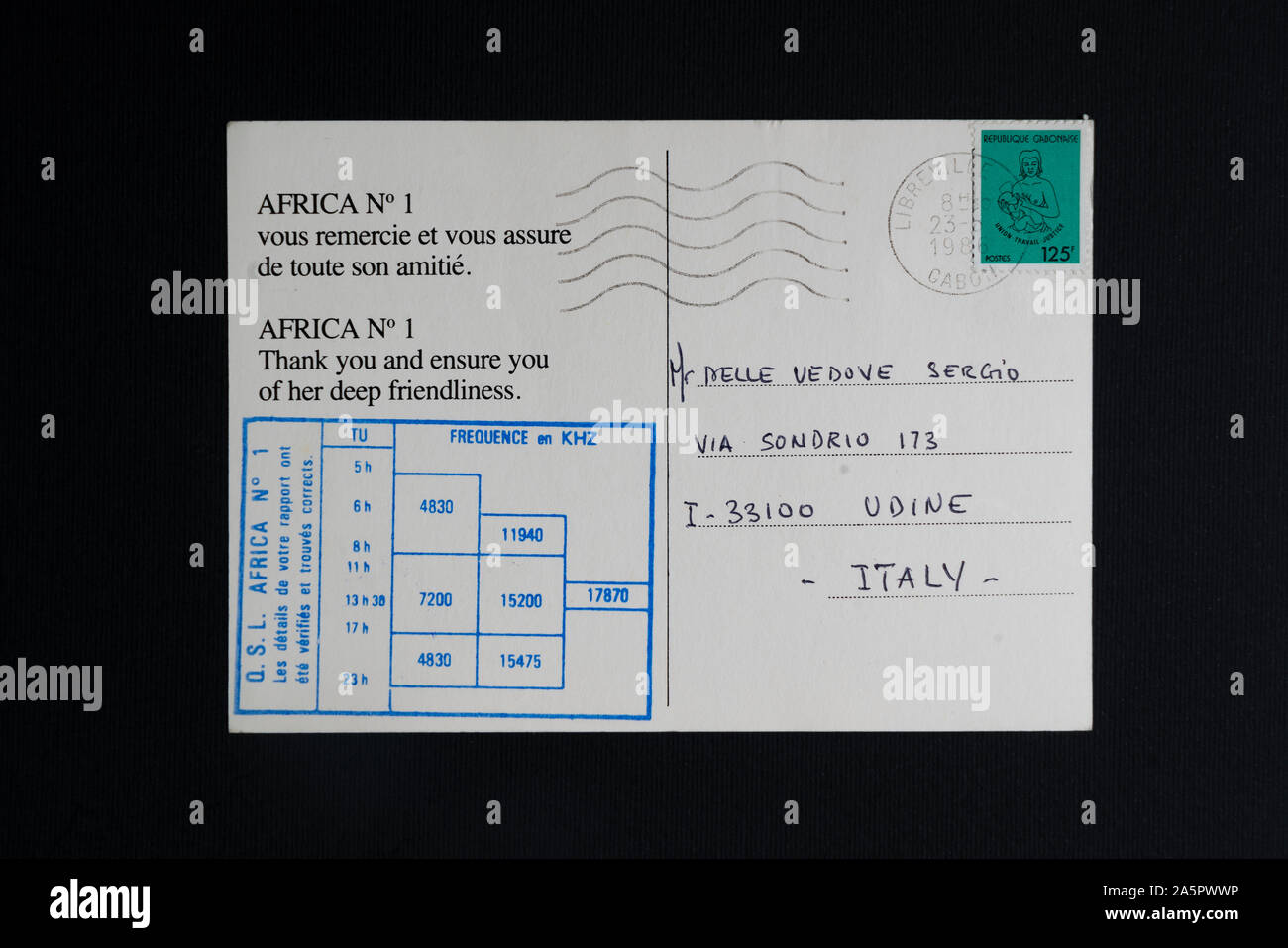 a QSL verification card of Radio Africa n.1 from Gabon Stock Photo - Alamy