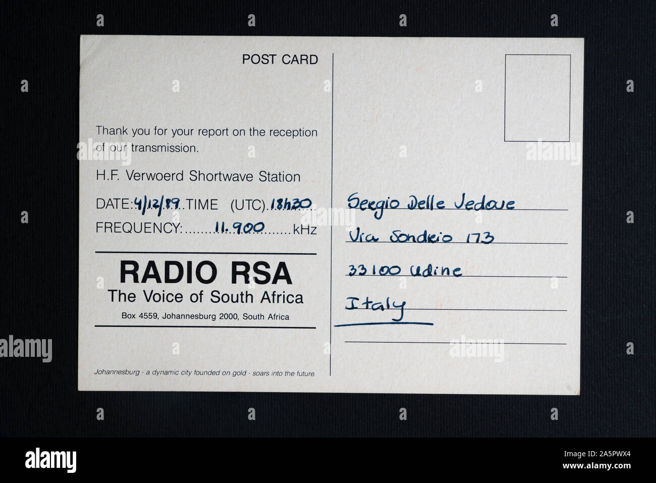 a QSL verification card of RSA radio from South Africa Stock Photo - Alamy