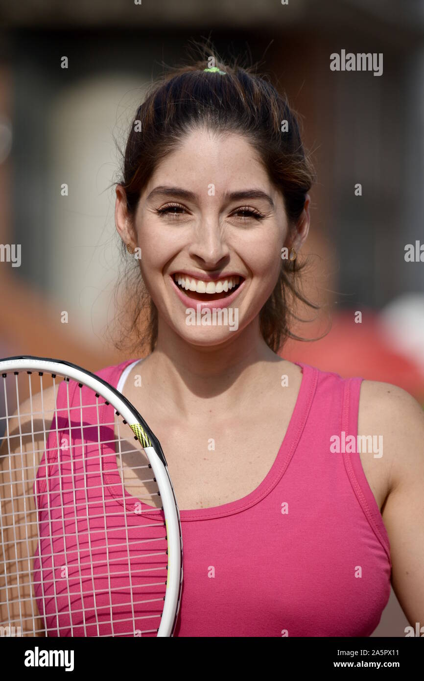 Smiling Colombian Female Tennis Player Wearing Sportswear Stock Photo