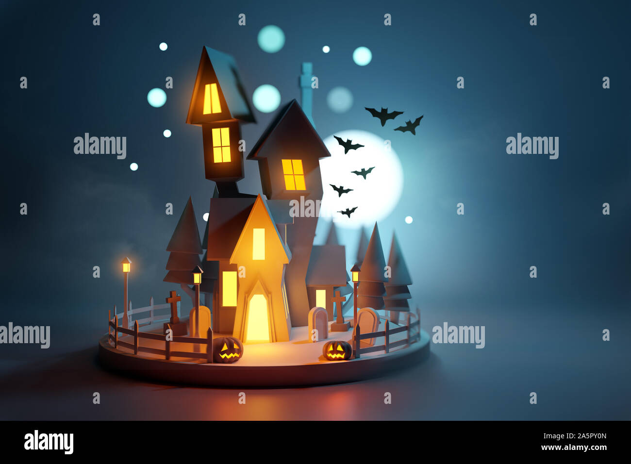 A low poly haunted old halloween house with glowing lights at night. 3D illustration. Stock Photo