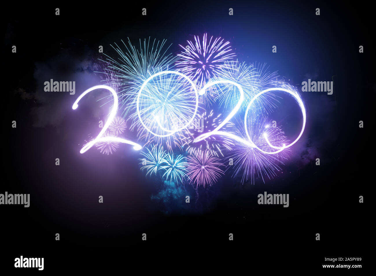 2020 happy new year fireworks display background. Stock Photo