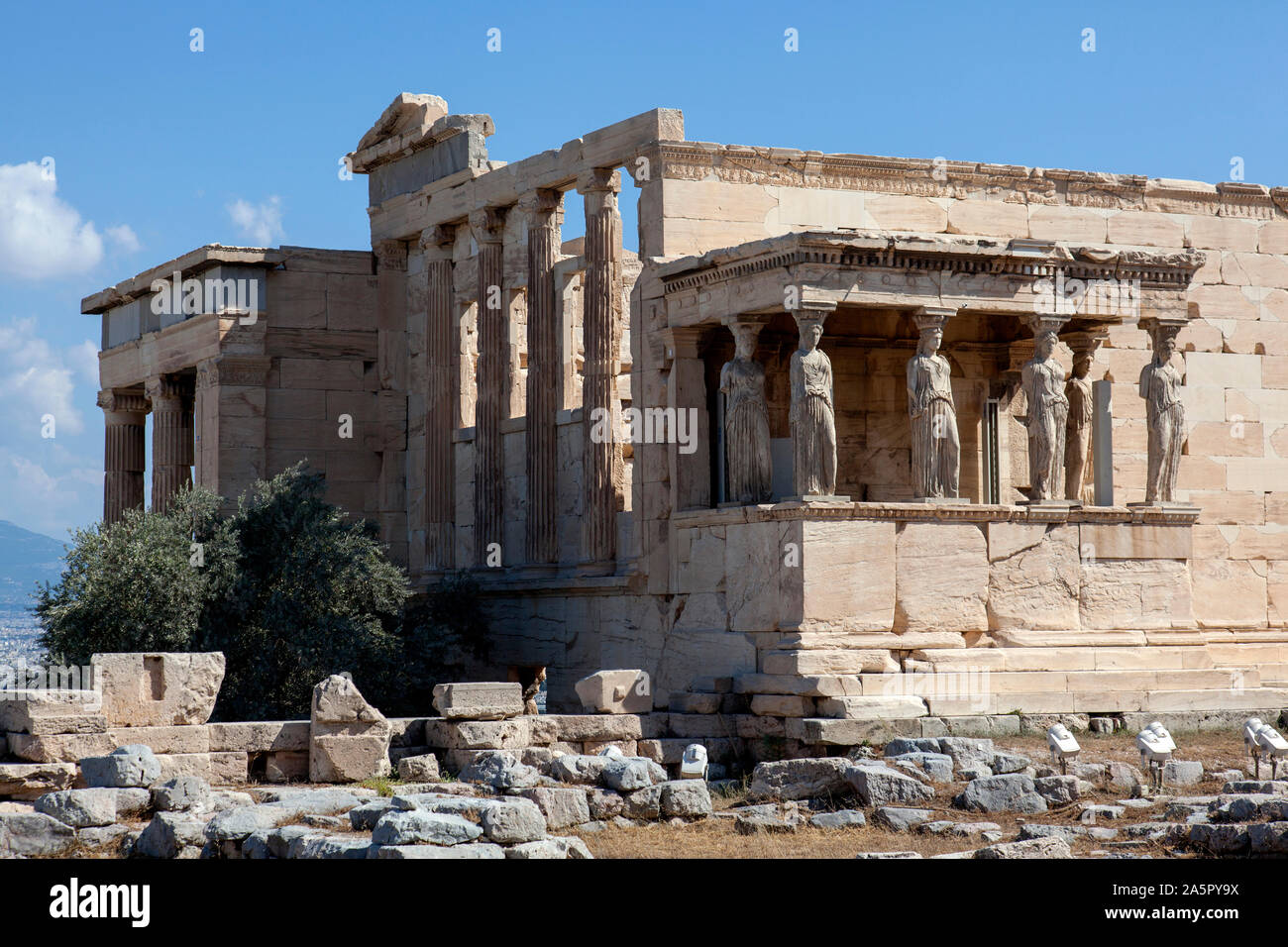 Porch of the Maiden,The Erechtheion of Athena at the Acropolis of Athens, Greece. Stock Photo
