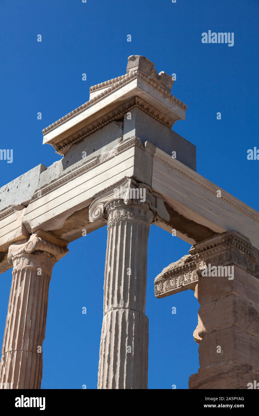 The Erechtheion of Athena at the Acropolis of Athens, Greece. Stock Photo