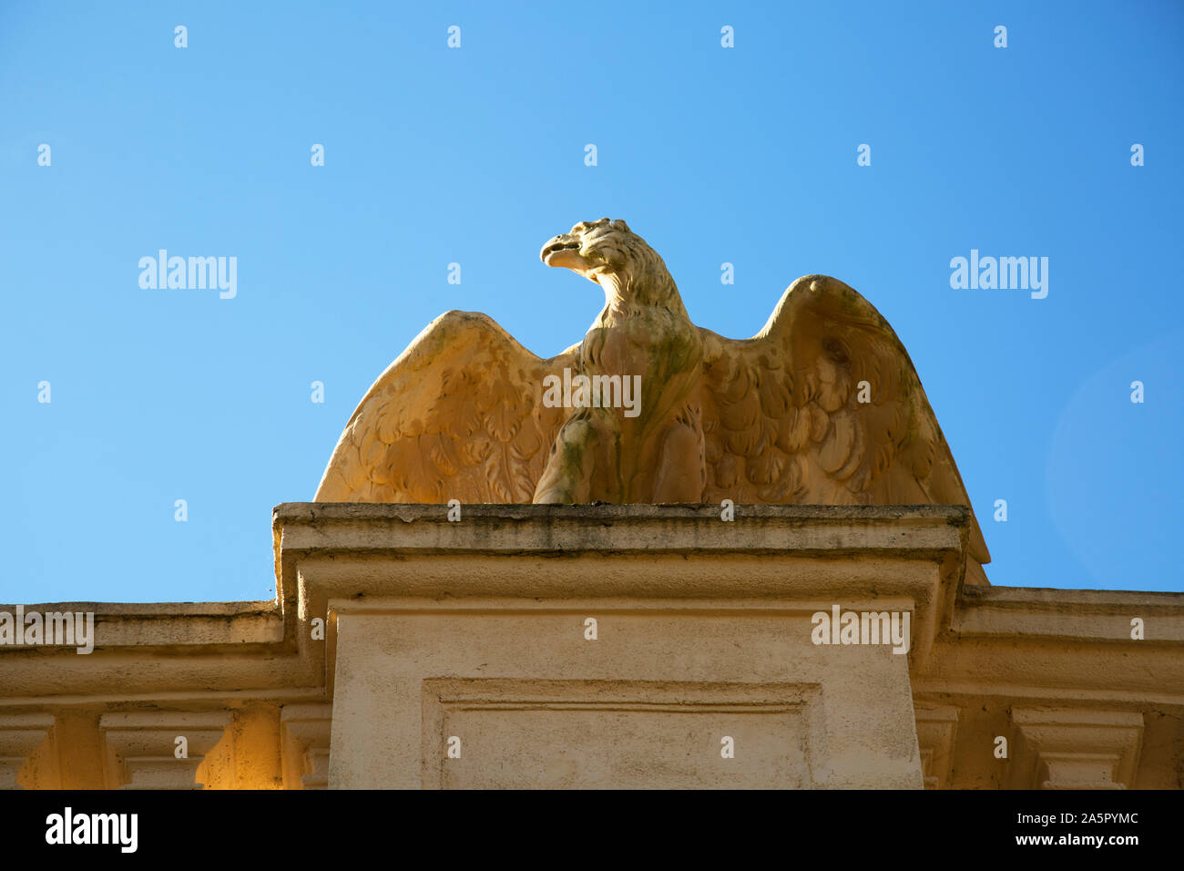 Eagle sculpture, carved stone eagle sculpture, balustrades, Italian Terrace, Osborne House, Cowes, Isle of Wight, UK Stock Photo