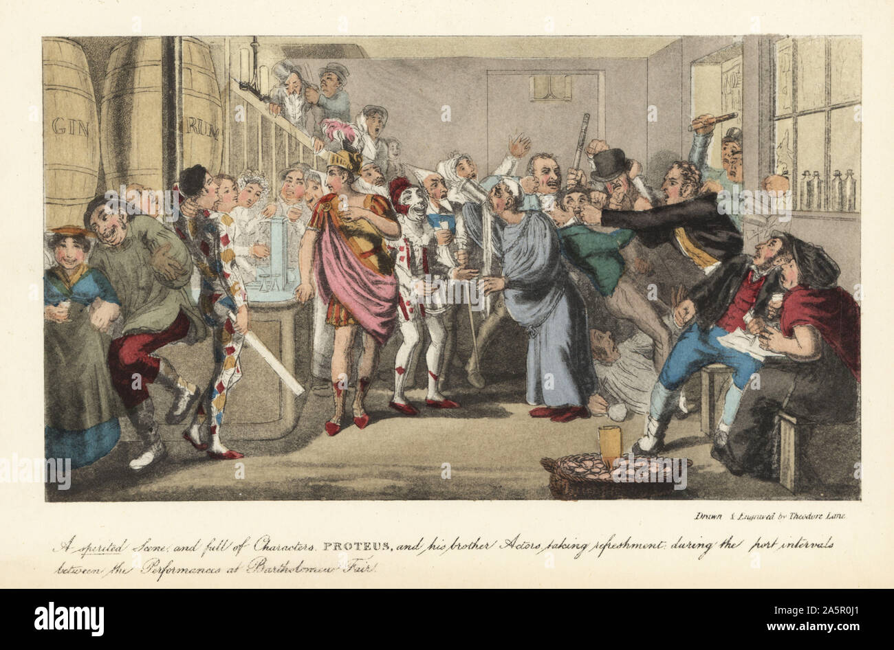 Actors in a gin palace at Bartholomew Fair, London. Actors in costume as Romans, Harlequin, clowns, etc, at a Regency tavern. A spiritual scene and full of characters. Proteus and his brother actors taking refreshment during the part intervals between performances at Batholomew Fair. Handcoloured engraving etched by Theodore Lane from Pierce Egan’s The Life of an Actor, Pickering and Chatto, London, 1892. Stock Photo