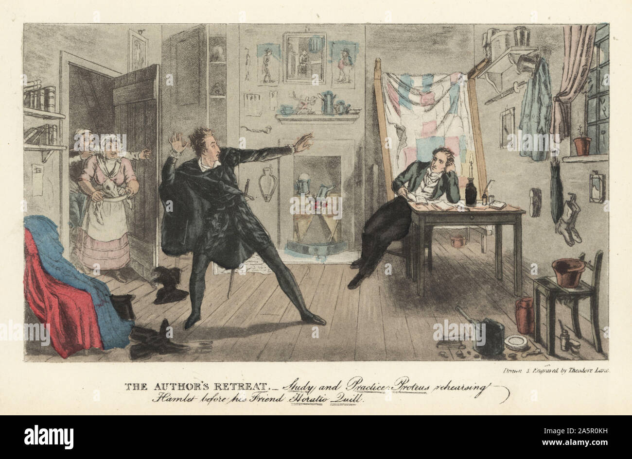 Regency actor rehearsing Hamlet in costume in his apartment. The room is decorated with boots, props and playbills, the bed stood against the wall. The Author’s Retreat. Study and Practice. Proteus rehearsing Hamlet before his friend Horatio Quill. Handcoloured engraving etched by Theodore Lane from Pierce Egan’s The Life of an Actor, Pickering and Chatto, London, 1892. Stock Photo