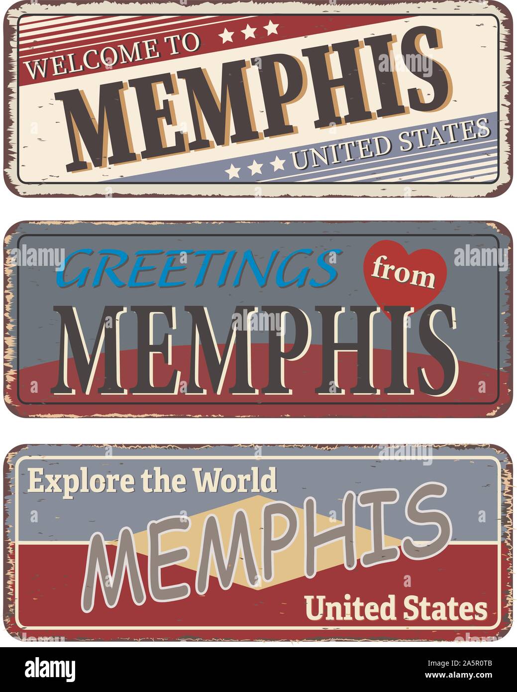 Memphis Retro souvenirs or old paper postcard templates on rust