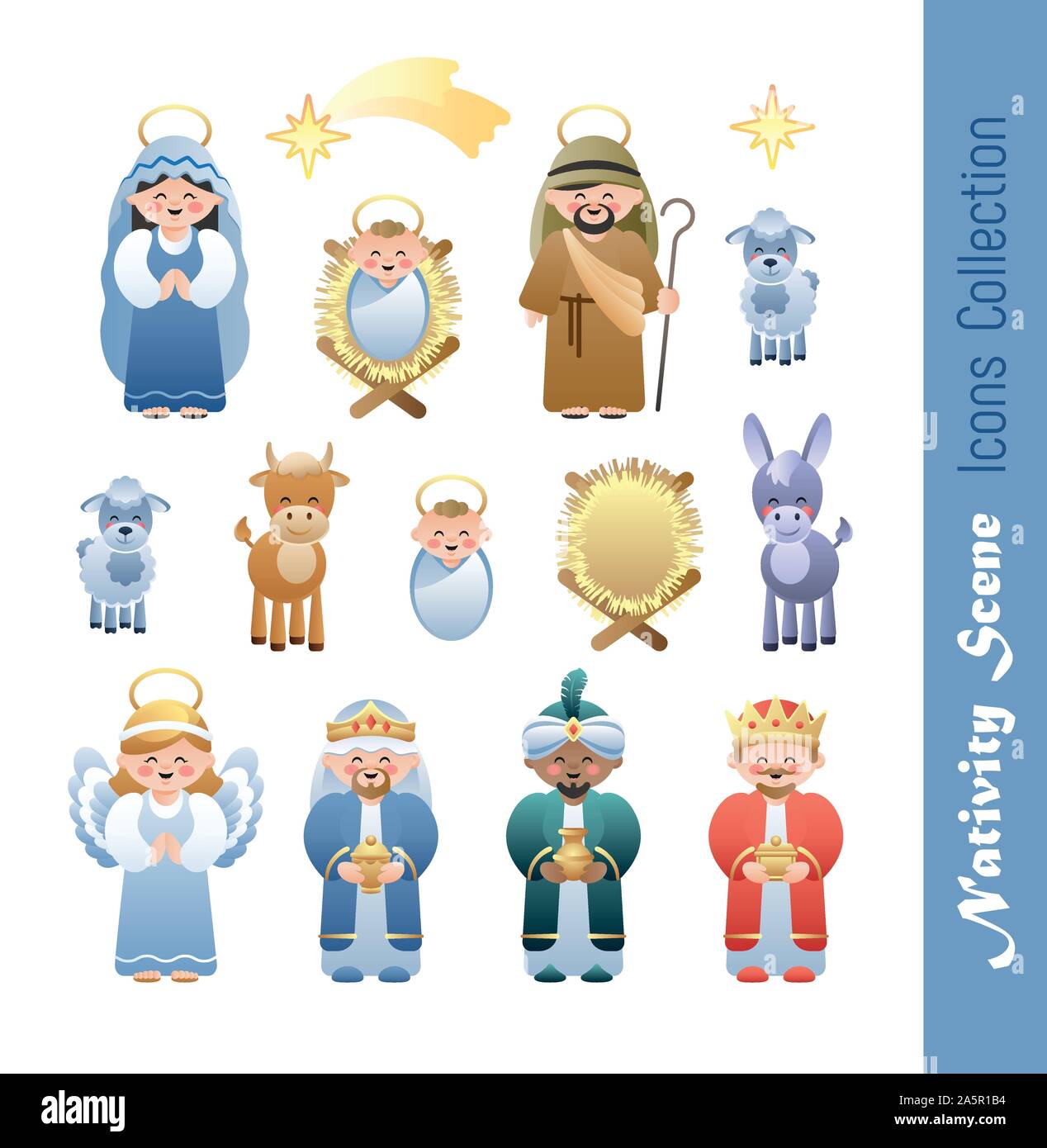 Nativity Scene Icons Collection. Cute cartoon characters. Vector illustration without transparency. Stock Vector