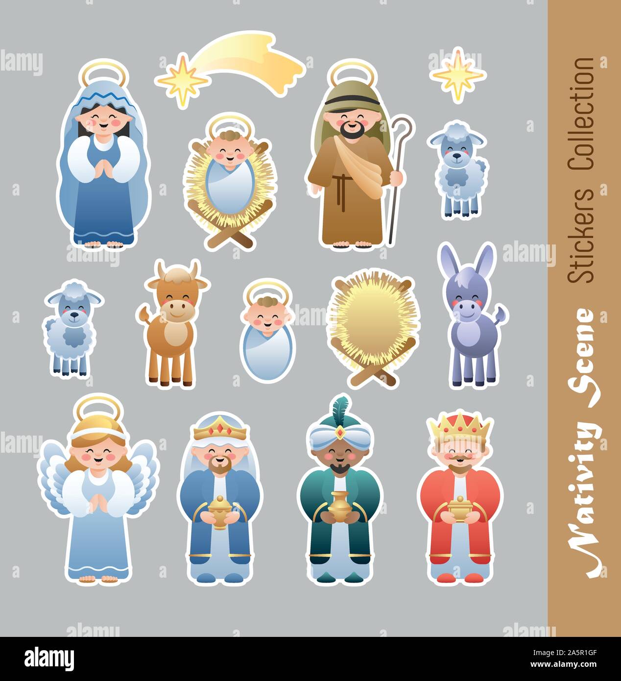 Nativity Scene Stickers Collection. Cute cartoon characters. Vector illustration without transparency. Stock Vector