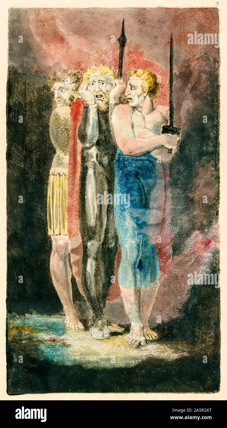 William Blake, The Accusers of Theft, Adultery, Murder (War), colour printed etching, illustration, 1794-1796 Stock Photo