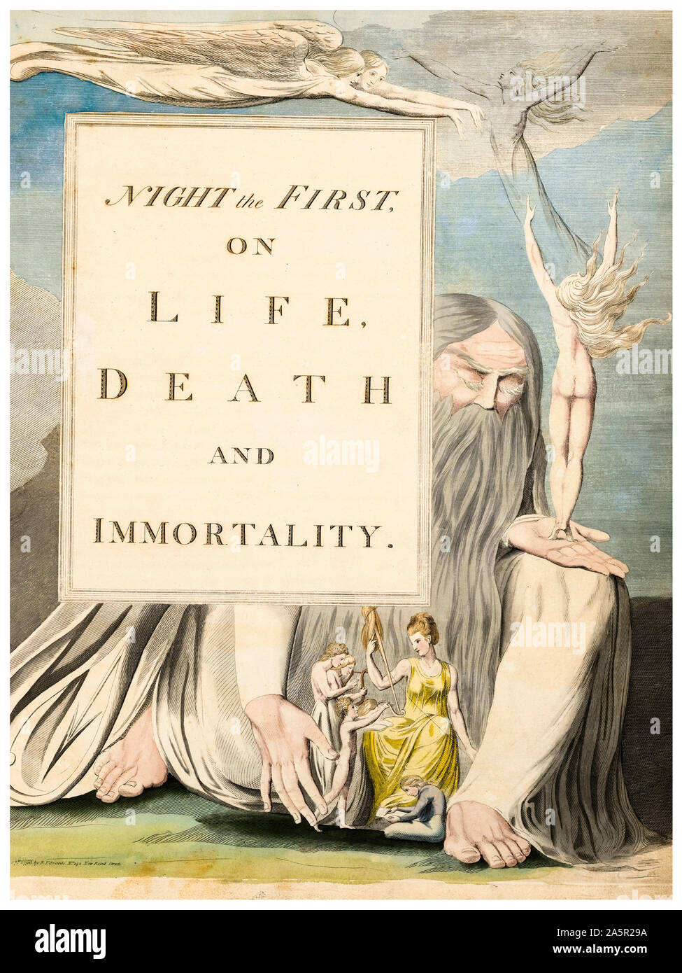 William Blake, Young's Night Thoughts, Title Page, 'Night the First, on Life, Death and Immortality.', painting, relief etching, hand coloured, illustration 1797 Stock Photo