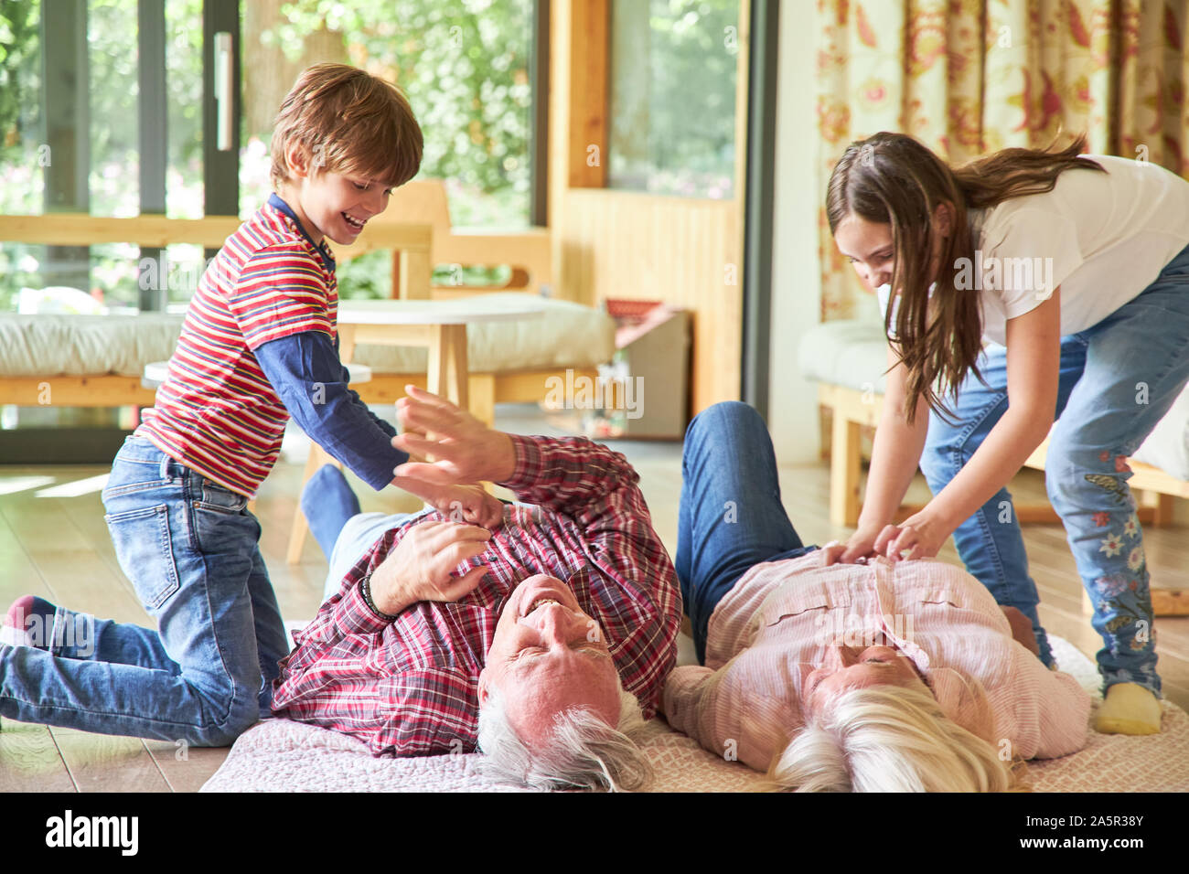 Grandparents on the floor are tickled by their grandchildren Stock Photo