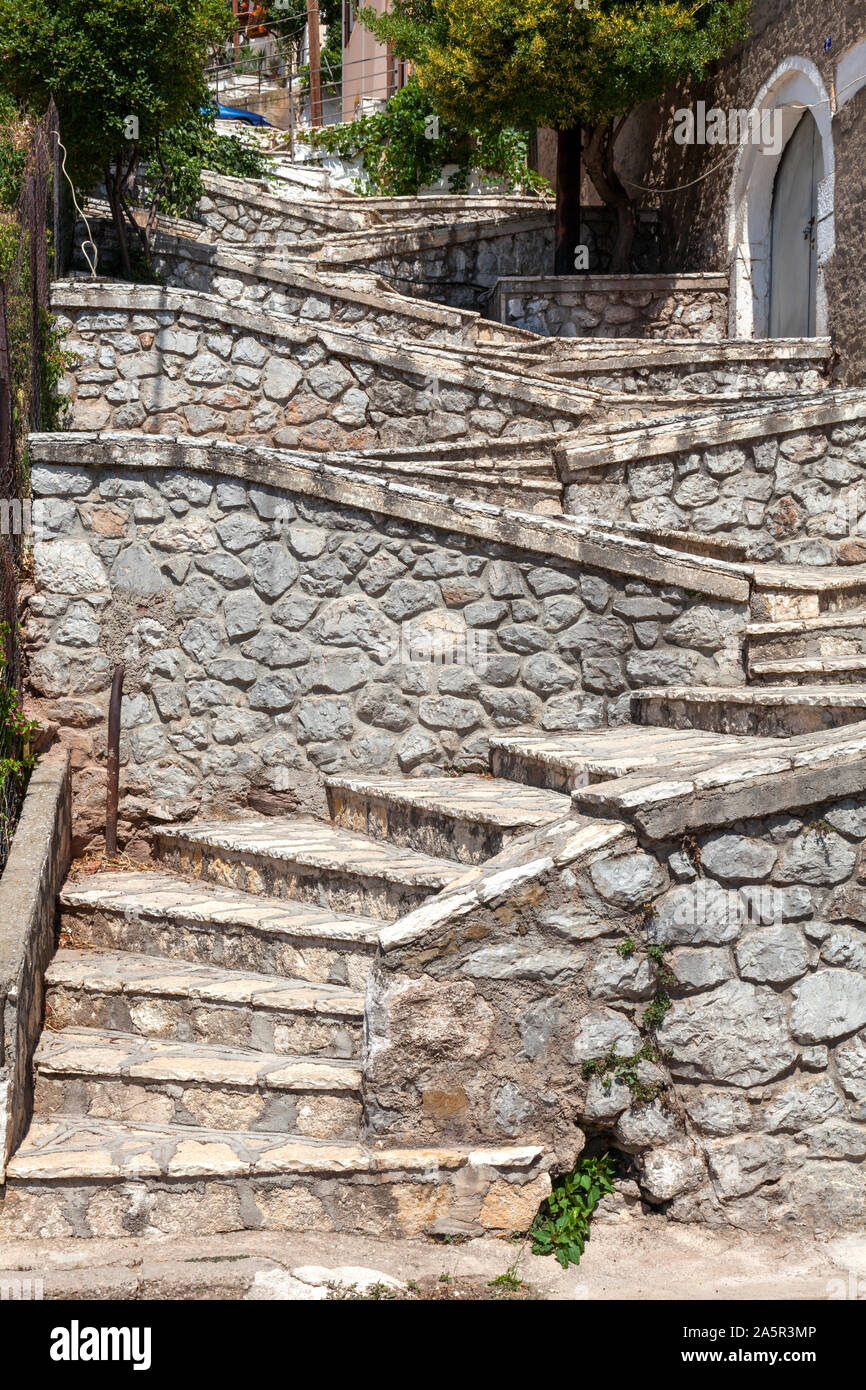Zig zag stairway, Aggelou street, Delphi, Greece. Stock Photo
