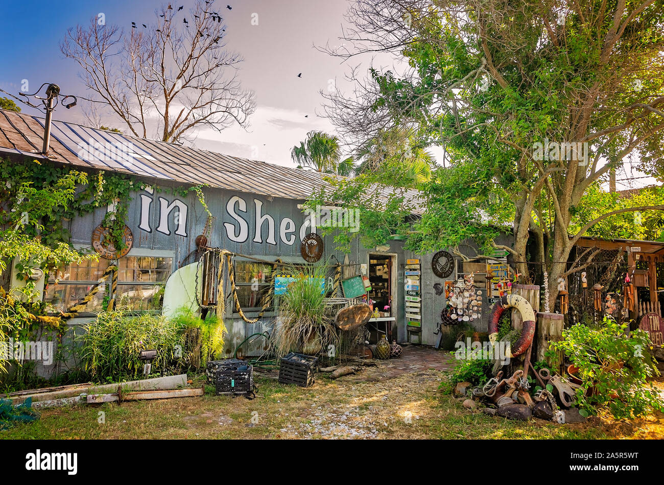 The exterior of The Tin Shed is pictured, Oct. 6, 2019, in Apalachicola, Florida. The store sells antique and reproduction nautical memorabilia. Stock Photo