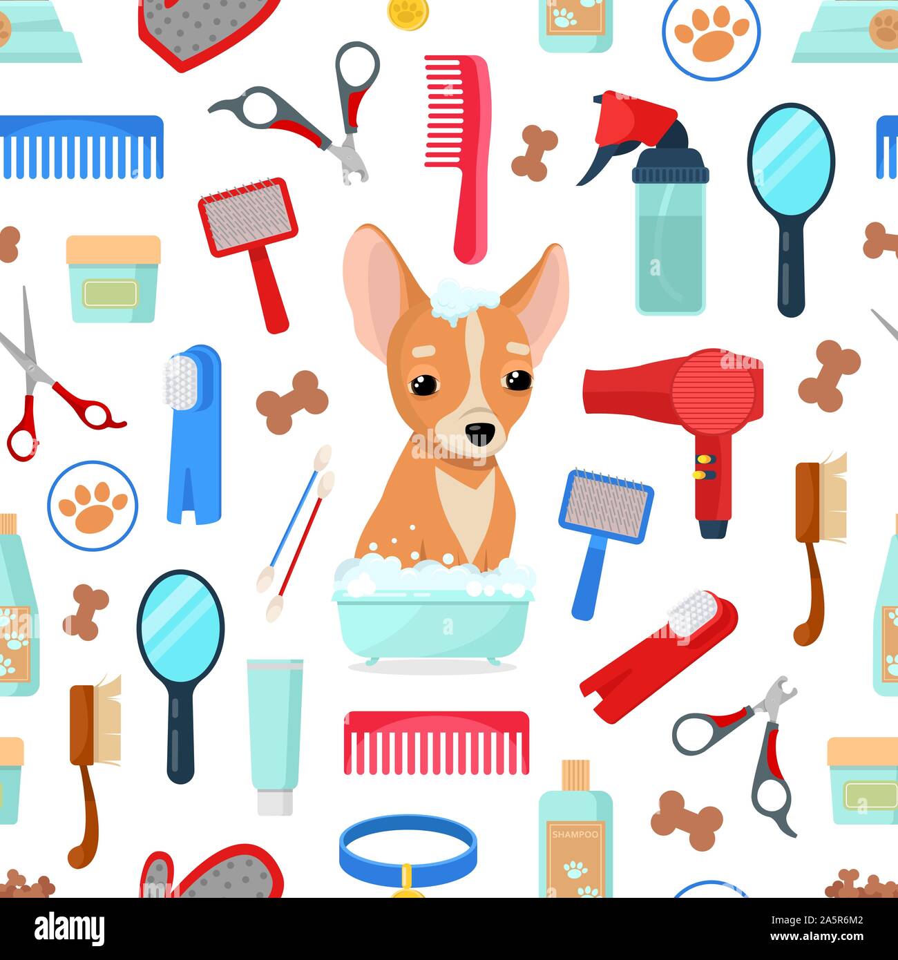 pattern with grooming tools and dog Stock Vector