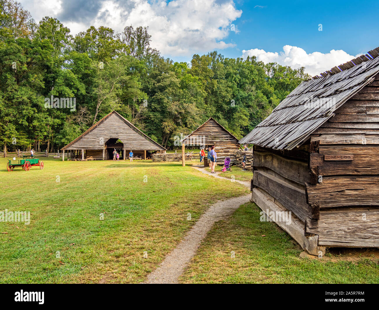 Mountain Farm Museum at the Oconaluftee Visitor Center in the Great Smoky Mountains National Park in Cherokee North Carolina Stock Photo