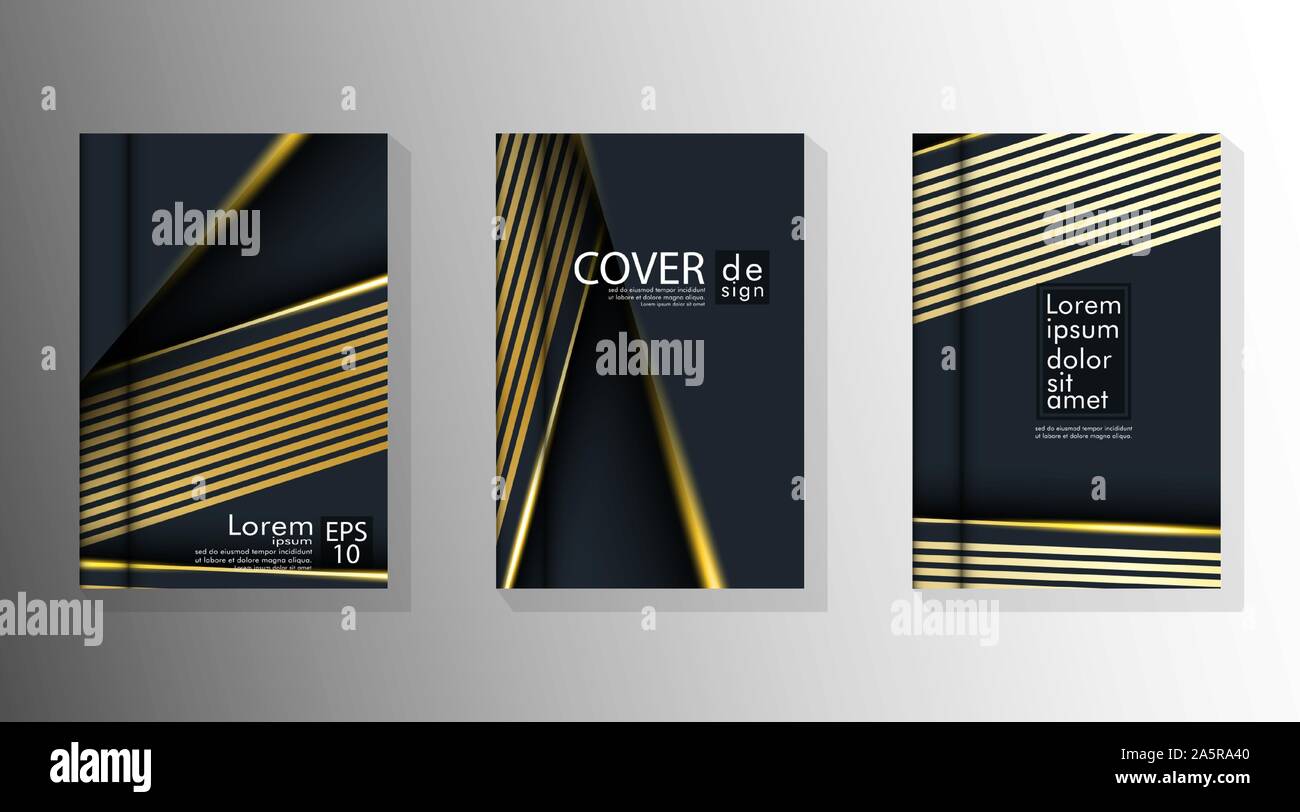 Background design of abstract dark and golden geometry line flyer. Cover book vector gradient template Stock Vector