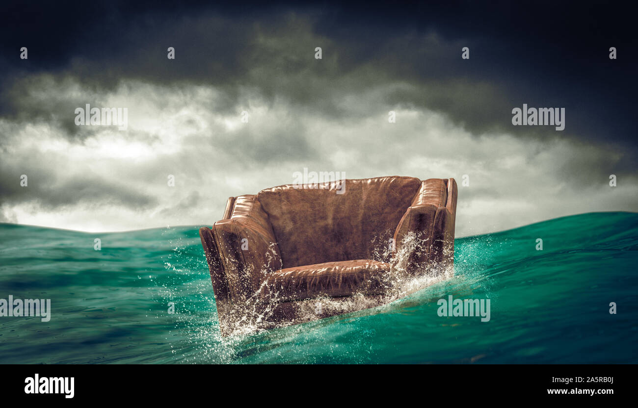 leather armchair dispersed on the waves of the sea. concept of adverse situation and bad luck. 3d render image Stock Photo
